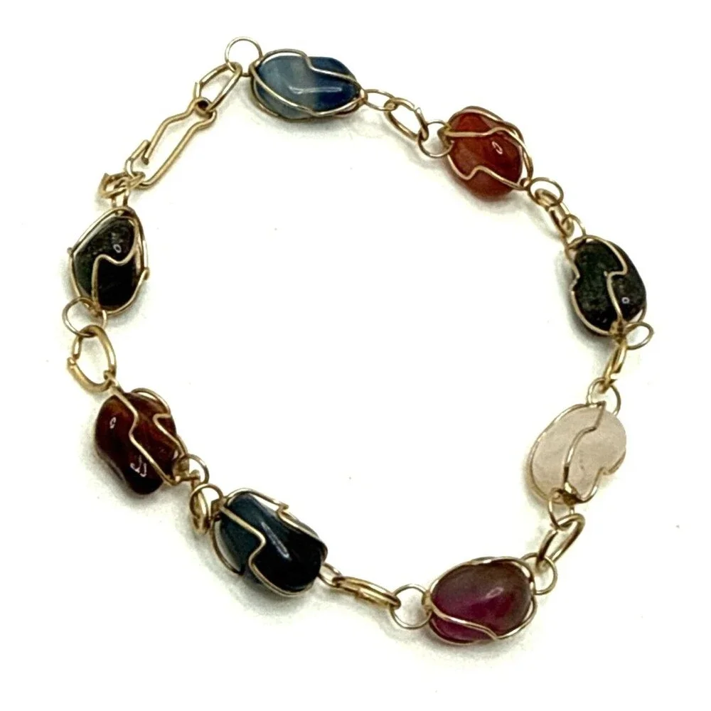 Vintage Wire Wrapped Natural Stone Bracelet Multicolor Cased Polished Boho 7.5